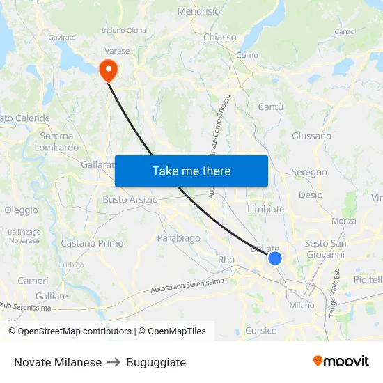 Novate Milanese to Buguggiate map