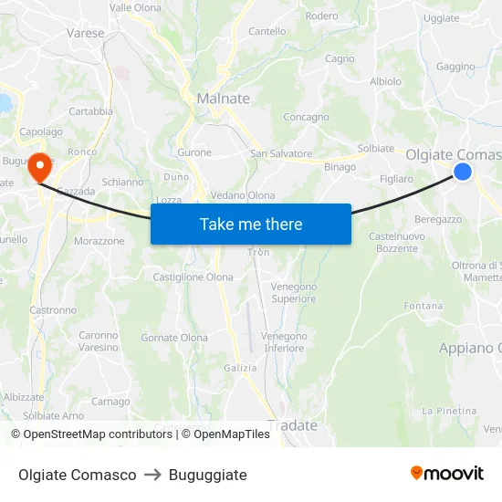 Olgiate Comasco to Buguggiate map