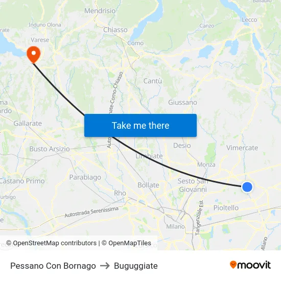 Pessano Con Bornago to Buguggiate map