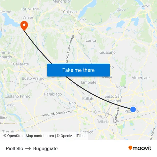 Pioltello to Buguggiate map