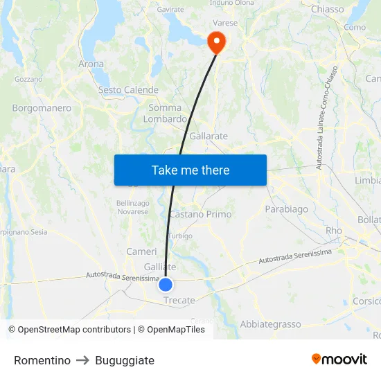 Romentino to Buguggiate map