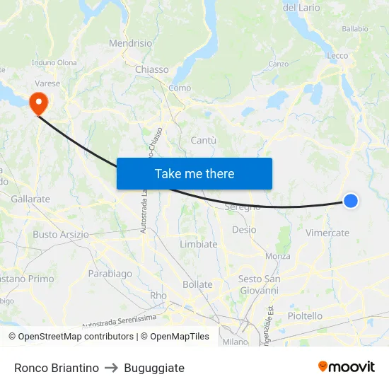 Ronco Briantino to Buguggiate map