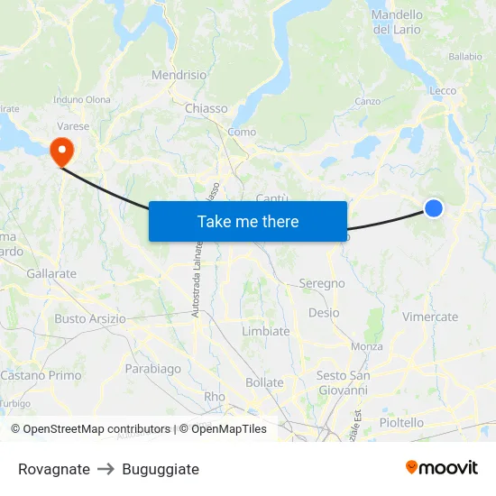 Rovagnate to Buguggiate map