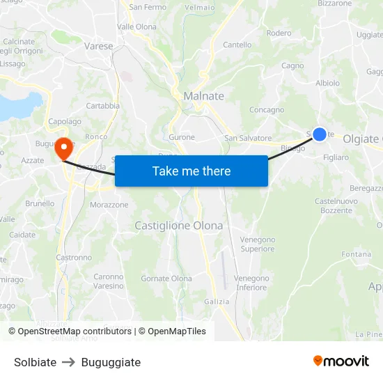 Solbiate to Buguggiate map