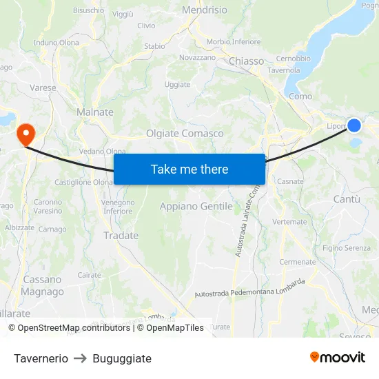 Tavernerio to Buguggiate map