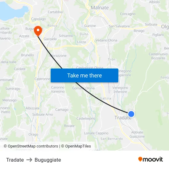 Tradate to Buguggiate map