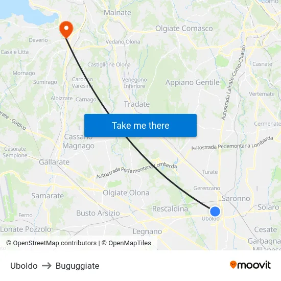 Uboldo to Buguggiate map