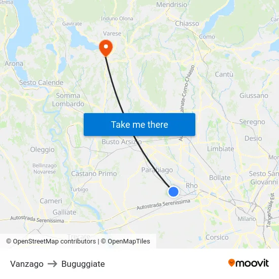 Vanzago to Buguggiate map