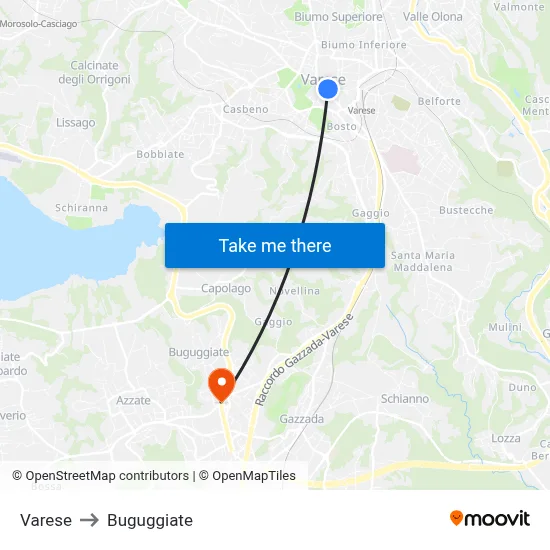 Varese to Buguggiate map