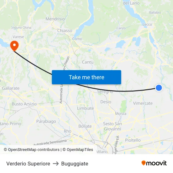 Verderio Superiore to Buguggiate map