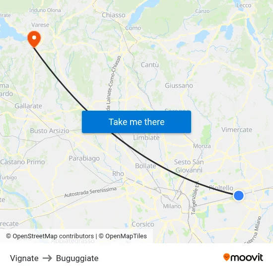 Vignate to Buguggiate map