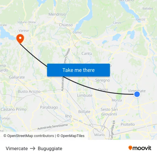 Vimercate to Buguggiate map