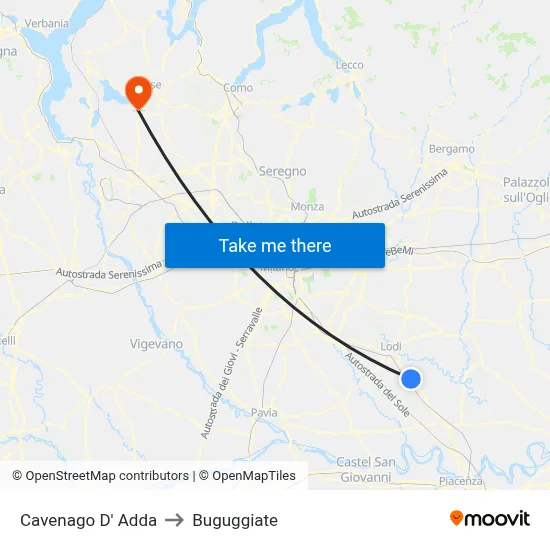 Cavenago D' Adda to Buguggiate map