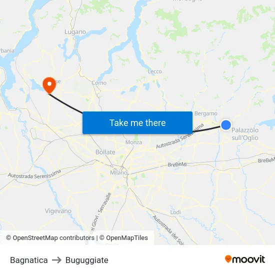 Bagnatica to Buguggiate map
