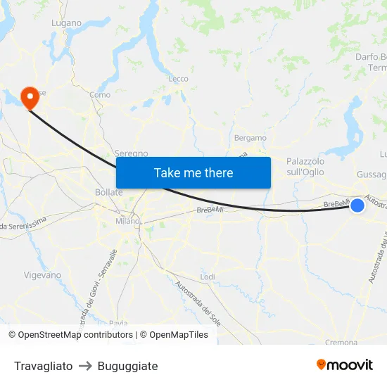 Travagliato to Buguggiate map