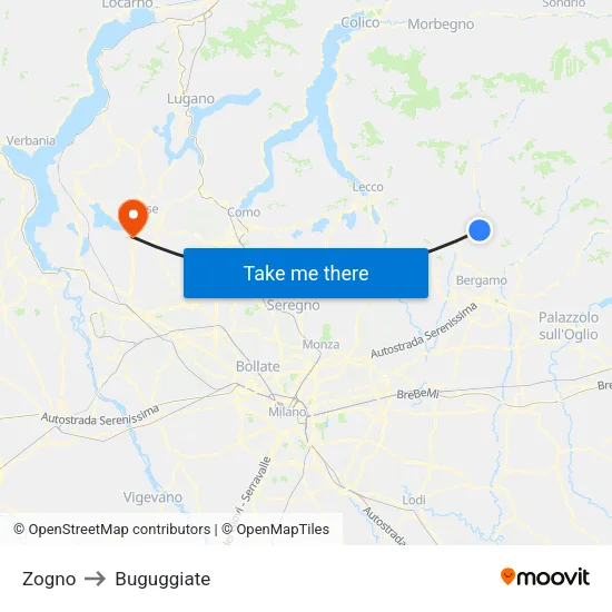Zogno to Buguggiate map