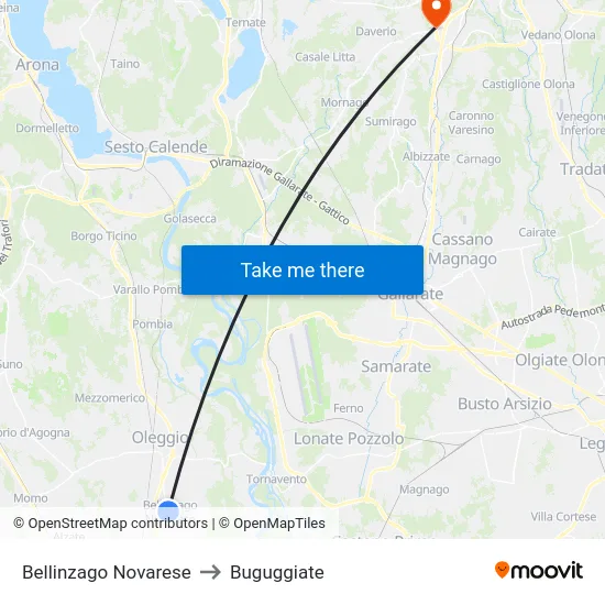 Bellinzago Novarese to Buguggiate map