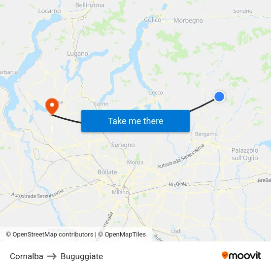 Cornalba to Buguggiate map
