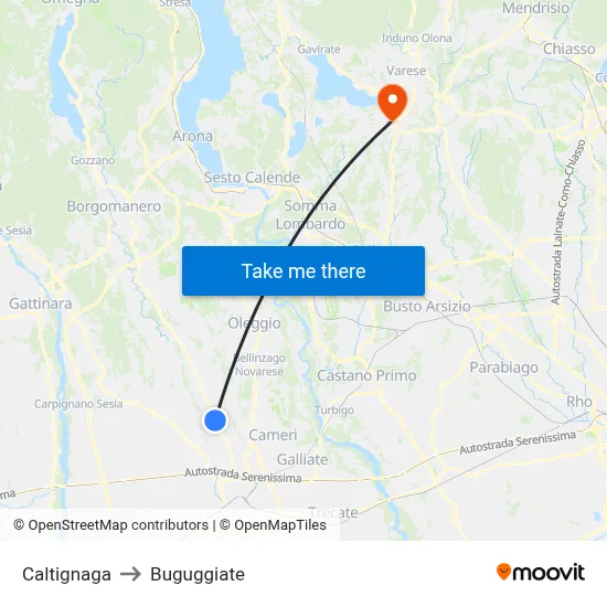Caltignaga to Buguggiate map