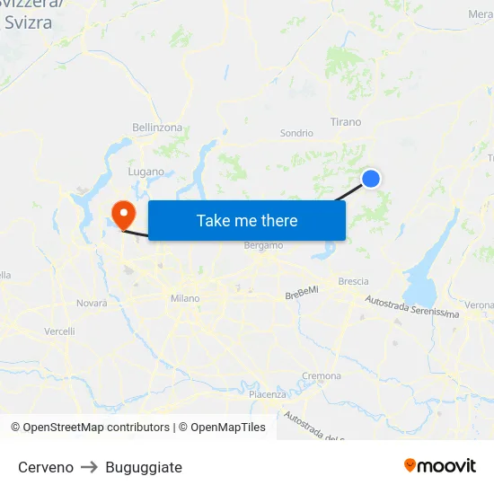 Cerveno to Buguggiate map