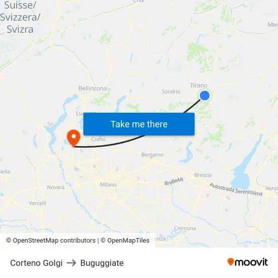 Corteno Golgi to Buguggiate map