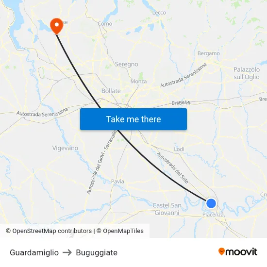 Guardamiglio to Buguggiate map