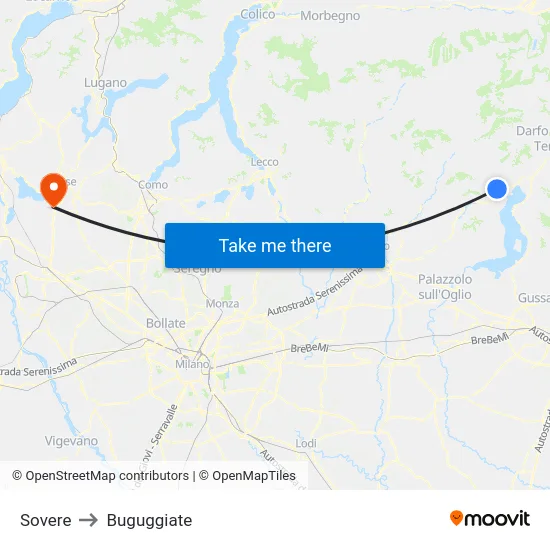 Sovere to Buguggiate map