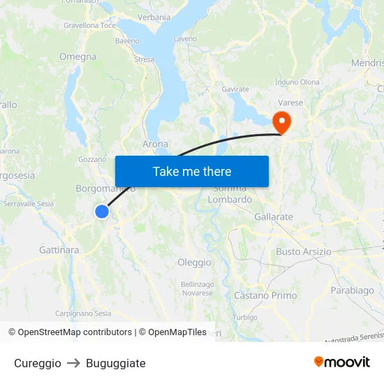 Cureggio to Buguggiate map