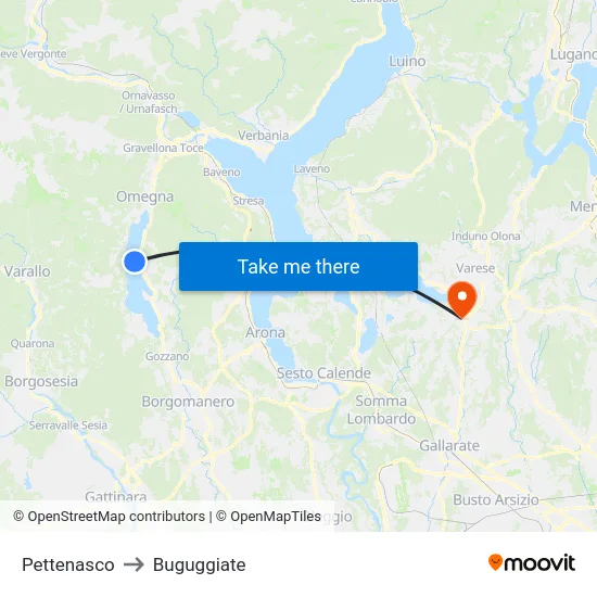 Pettenasco to Buguggiate map