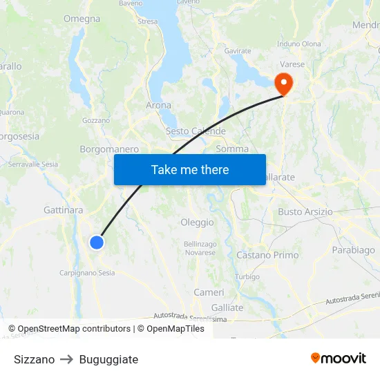 Sizzano to Buguggiate map