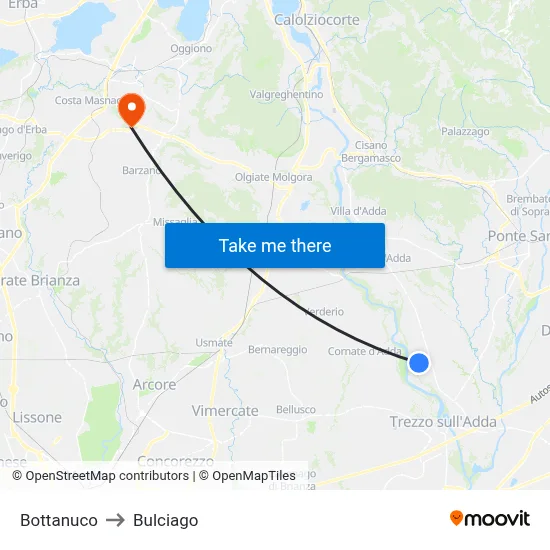 Bottanuco to Bulciago map