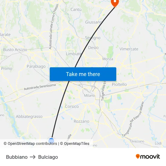 Bubbiano to Bulciago map