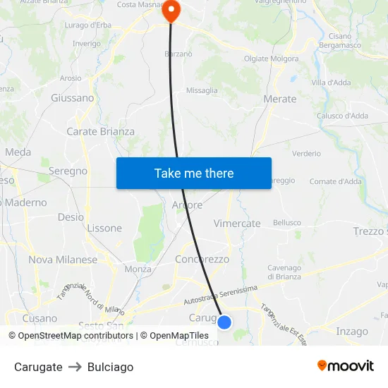 Carugate to Bulciago map