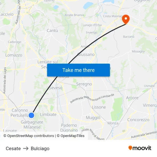 Cesate to Bulciago map