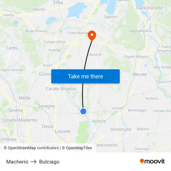 Macherio to Bulciago map
