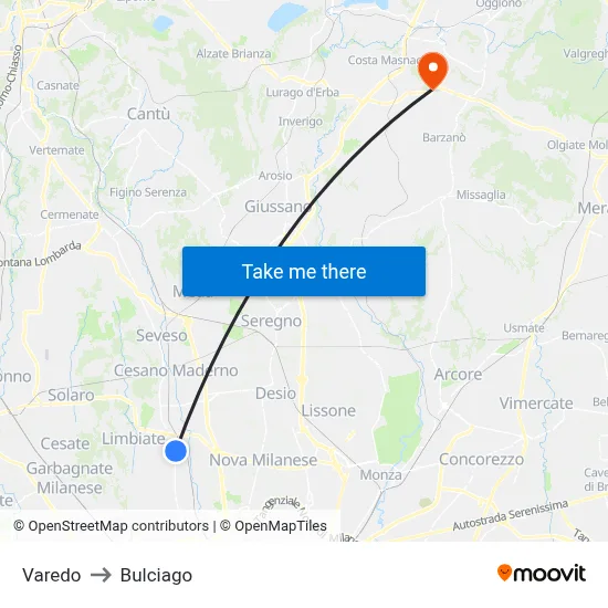 Varedo to Bulciago map