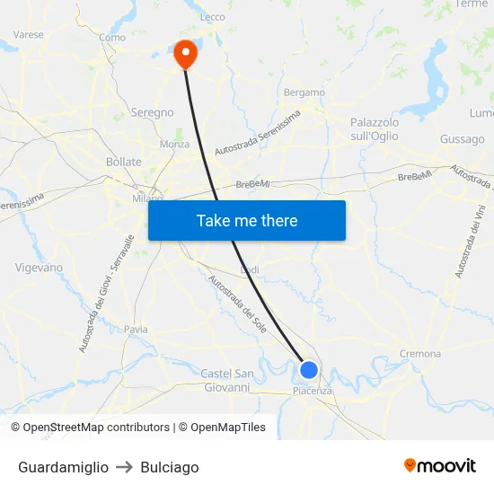 Guardamiglio to Bulciago map