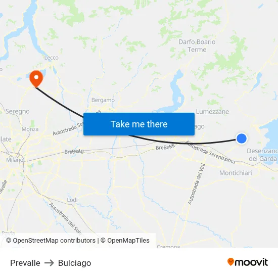 Prevalle to Bulciago map
