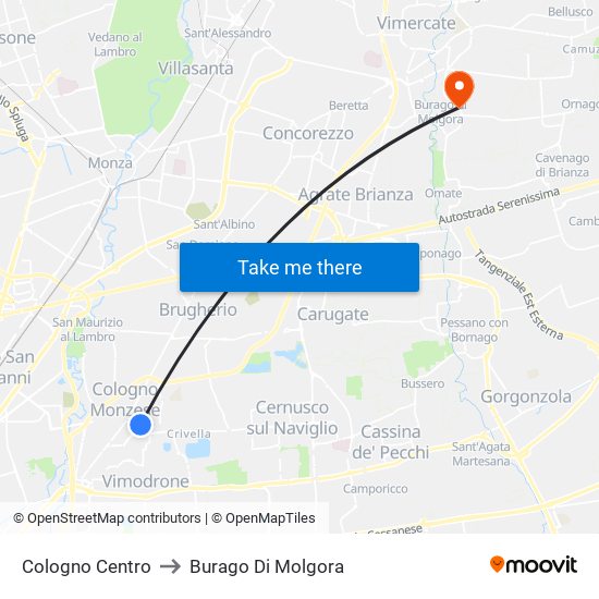 Cologno Centro to Burago Di Molgora map