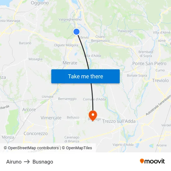 Airuno to Busnago map