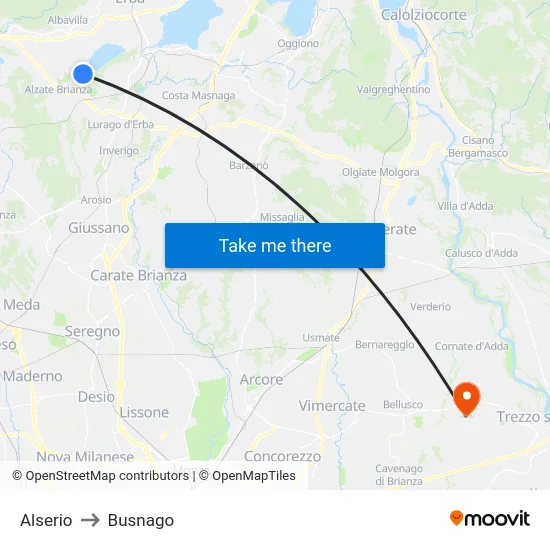 Alserio to Busnago map