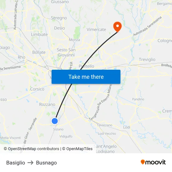 Basiglio to Busnago map