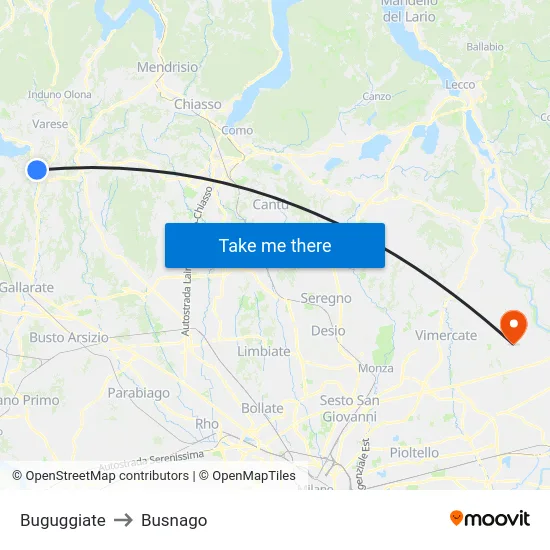 Buguggiate to Busnago map