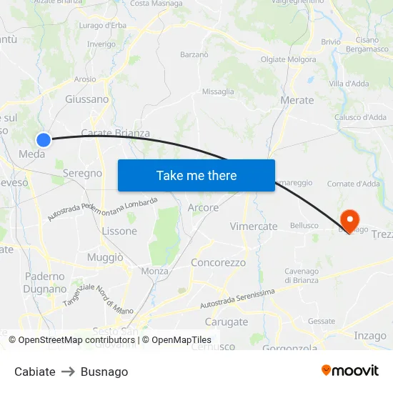 Cabiate to Busnago map