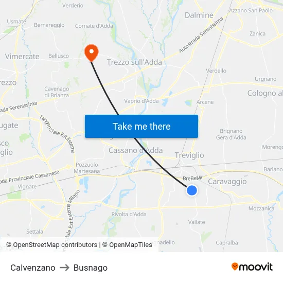 Calvenzano to Busnago map