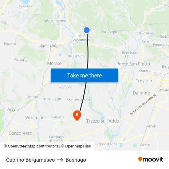 Caprino Bergamasco to Busnago map