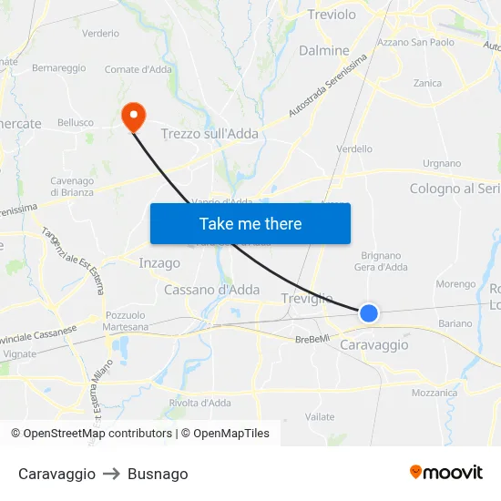 Caravaggio to Busnago map