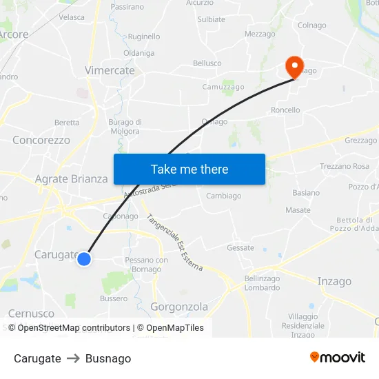 Carugate to Busnago map
