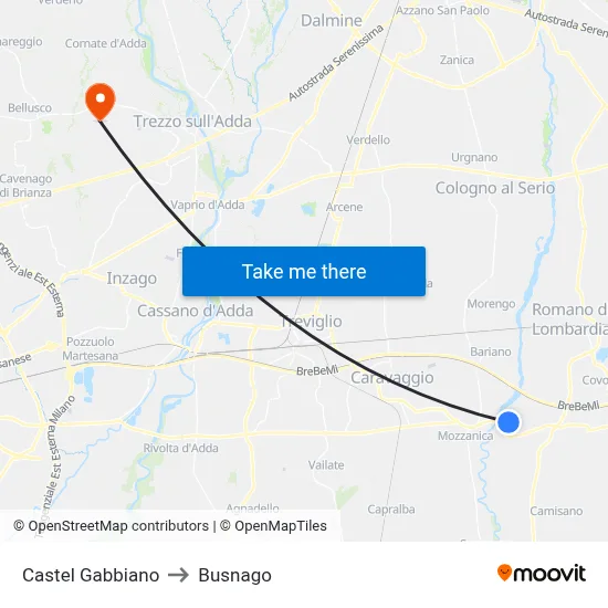 Castel Gabbiano to Busnago map
