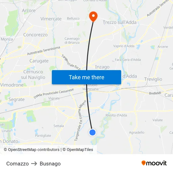 Comazzo to Busnago map